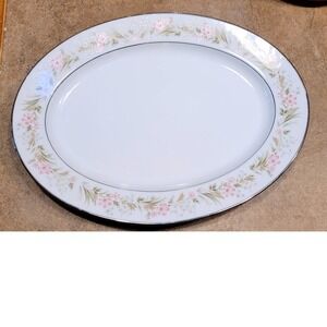 Noritake Mayflower 2351 Oval Serving Platter Pink Floral Silver Trim Japan